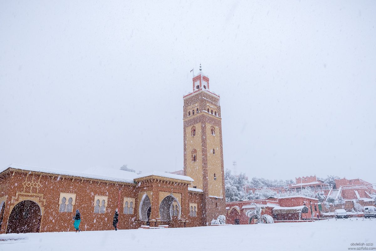 Mosque under snow fall Ouarzazate, Morocco